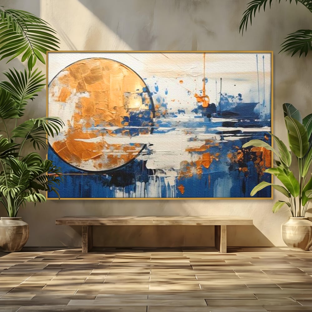 Tablou canvas cu tablou abstract cu luna aurie, in rama de aluminiu auriu